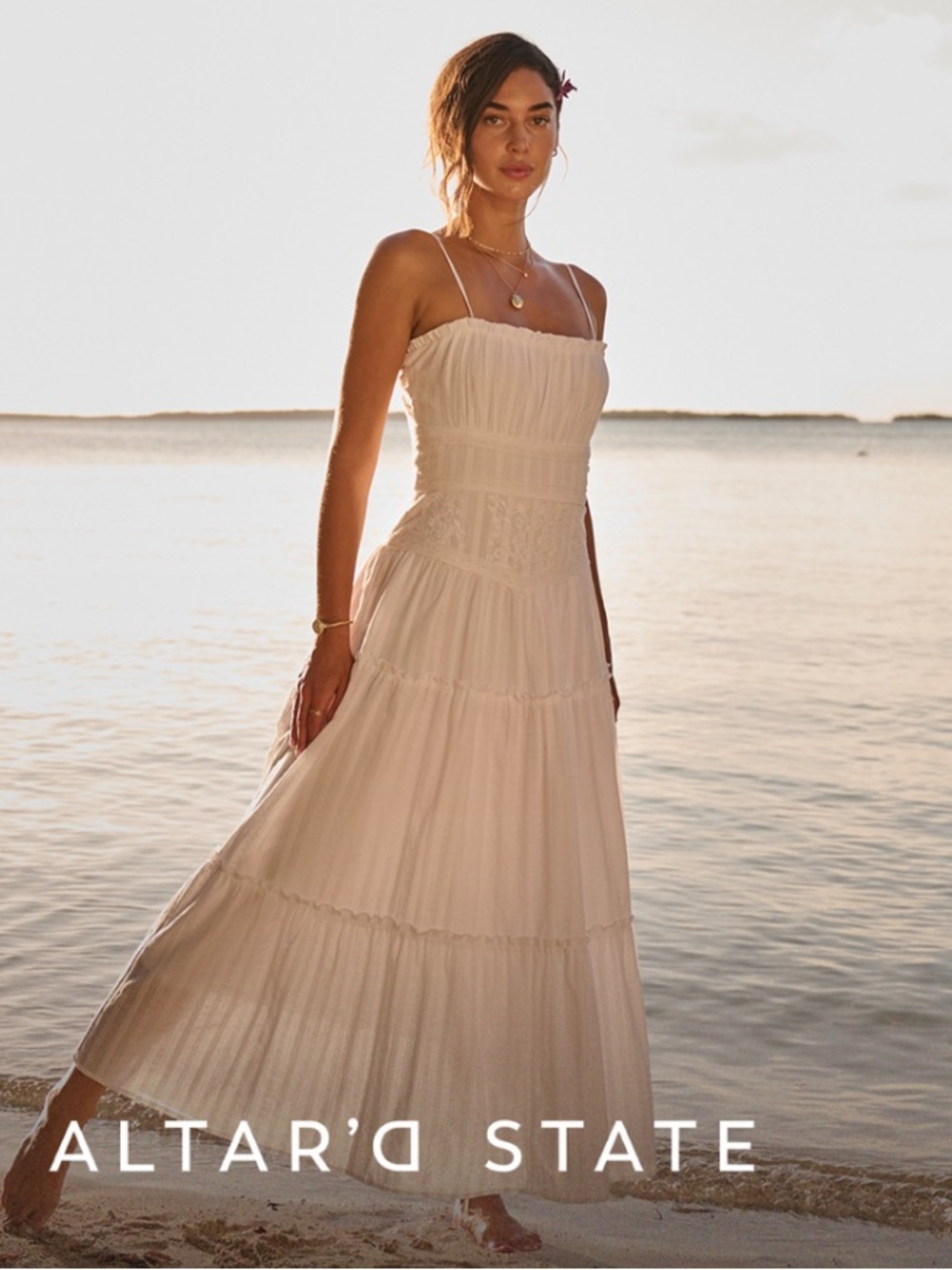 Altar'd State white Tiered Maxi Dress with Spaghetti Straps